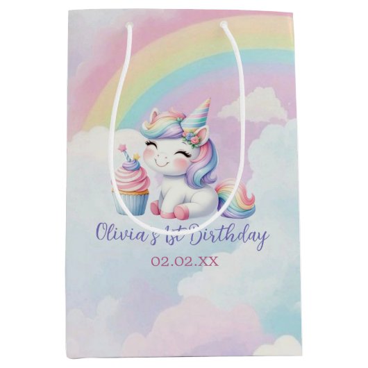 Sac Cadeau Moyen Whimsical Unicorn Rainbow Anniversday Party cadeau (Devant)
