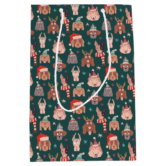 Sac Cadeau Moyen Whimssical Christmas Chien Motif Vert (Devant)