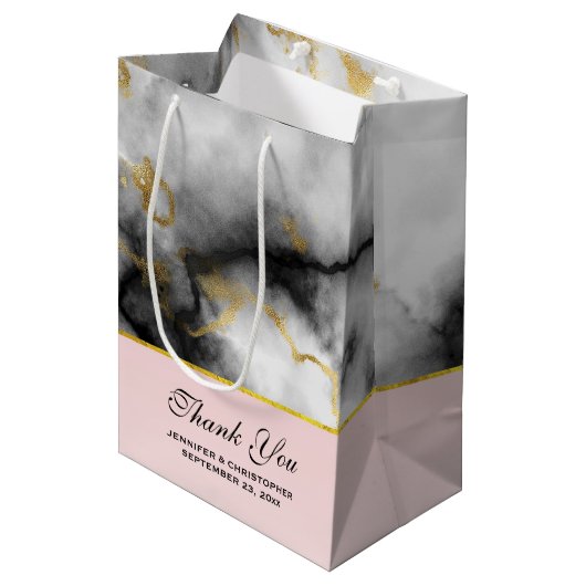 Sac Cadeau Moyen White Gray Marble with Gold Ribbon (Devant Angle)