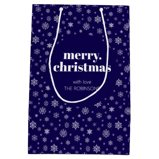 Sac Cadeau Moyen White Navy Blue Joyeux Noël Snowflake Motif (Dos)