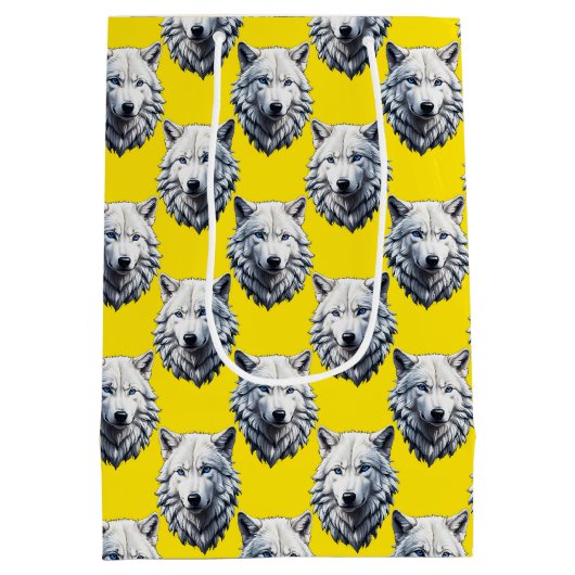 Sac Cadeau Moyen White Wolf Head Pattern Design Yellow (Dos)