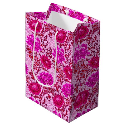 Sac Cadeau Moyen William Morris Chrysanthemums, Bourgogne et rose (Devant Angle)