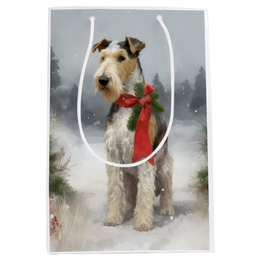 Sac Cadeau Moyen Wirefox Terrier Chien de Noël de neige (Devant)