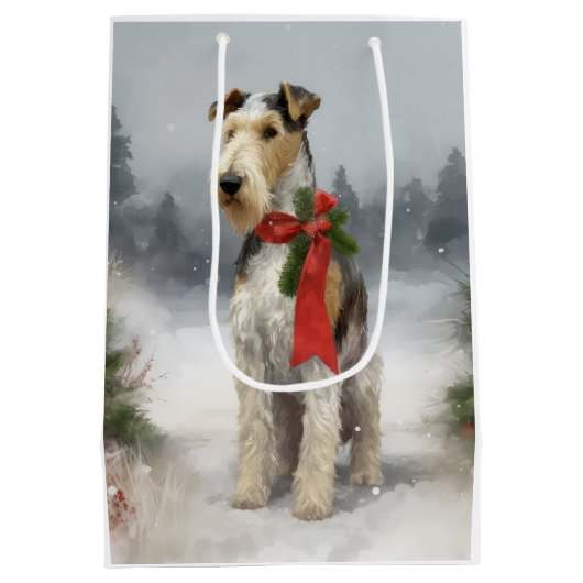 Sac Cadeau Moyen Wirefox Terrier Chien de Noël de neige (Dos)