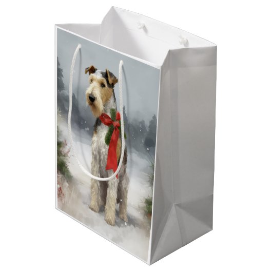 Sac Cadeau Moyen Wirefox Terrier Chien de Noël de neige (Dos Angle)