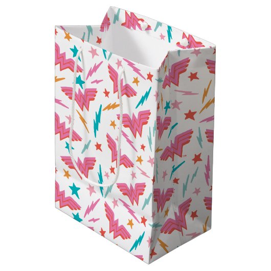 Sac Cadeau Moyen Wonder Woman Logo Rose et Motif Éclair (Devant Angle)
