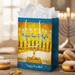 Sac Cadeau Moyen Yellow Gold Hanoukka Menorah Peace Love Light Bold<br><div class="desc">"Paix, amour et lumière." Une photo de fond illustrant une menorah d'art brillante, colorée, jaune et or vous aide à inaugurer les vacances d'Hanoukka dans le style. Sentez la chaleur et la joie de la saison des Fêtes chaque fois que vous utilisez ce sac cadeau personnalisé et amusant de taille...</div>