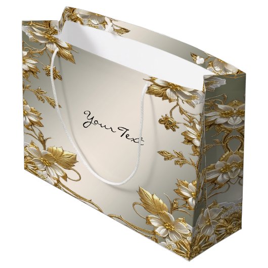 Sac Cadeau Orné Fleur Blanc Doré (Dos Angle)