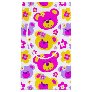Sac cadeau ours en peluche et fleurs rose jaune bl