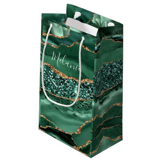 Sac Cadeau Paillettes Or Vert Emeraude Nom Personn (Dos Angle)