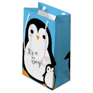 Sac Cadeau Petit Baby shower de pingouin bleu garçon
