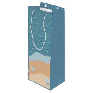 Sac Cadeau Pour Bouteille Abstrait Beach Motif Wave Lines Blue Sand Shells