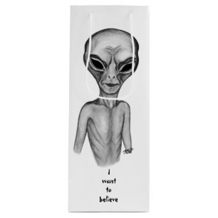 Sac Cadeau Pour Bouteille Alien gris, je veux croire