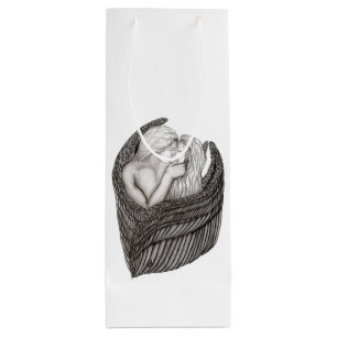 Sac Cadeau Pour Bouteille Angels Kissing, noir et blanc Design