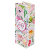 Sac Cadeau Pour Bouteille Anniversaire rose floraux nom monogramme (Devant Angle)