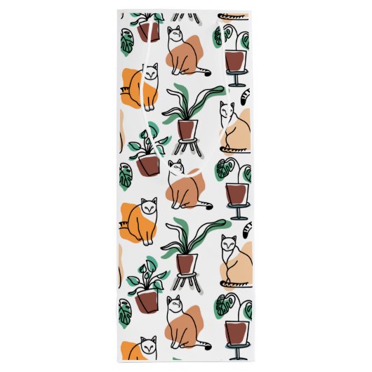 Sac Cadeau Pour Bouteille Art de trait dessin chats et fleurs (Dos)