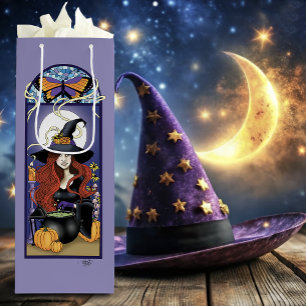 Sac Cadeau Pour Bouteille Art Nouveau Sorcière d'Automne Citrouilles Lune Vi