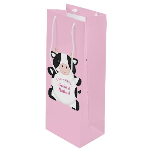 Sac Cadeau Pour Bouteille Baby shower de vache rose (Devant Angle)