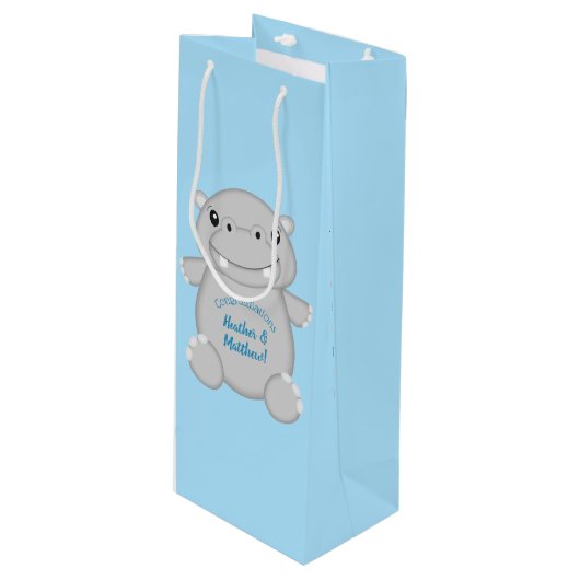 Sac Cadeau Pour Bouteille Baby shower Hippo bleu (Devant Angle)