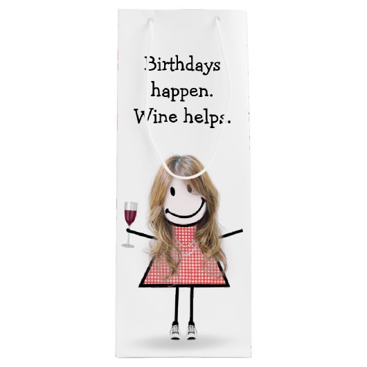 Sac Cadeau Pour Bouteille Baguette d'anniversaire Figure Girl avec vin rouge (Devant)