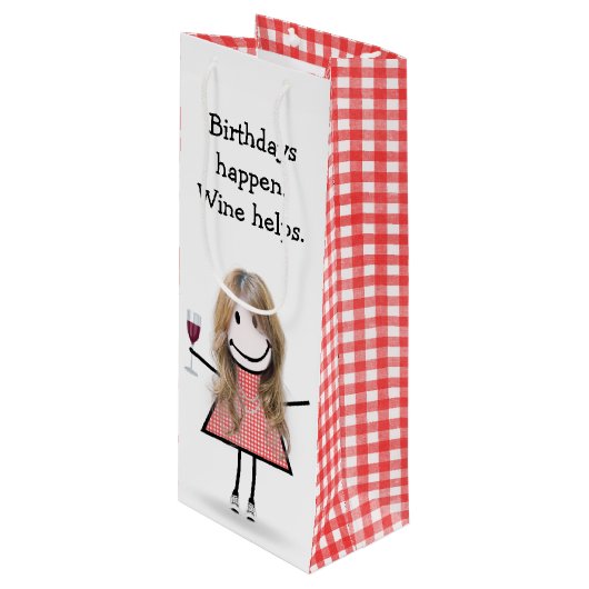 Sac Cadeau Pour Bouteille Baguette d'anniversaire Figure Girl avec vin rouge (Devant Angle)