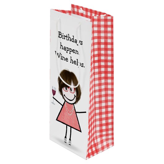 Sac Cadeau Pour Bouteille Baguette d'anniversaire Figure Girl avec vin rouge (Devant Angle)
