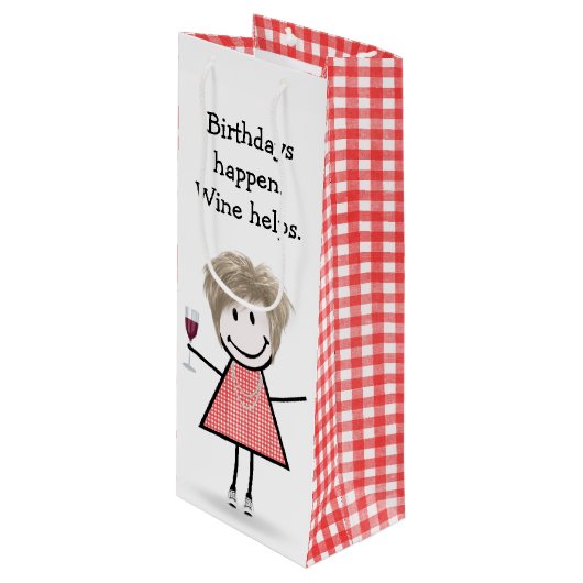 Sac Cadeau Pour Bouteille Baguette d'anniversaire Figure Girl avec vin rouge (Devant Angle)