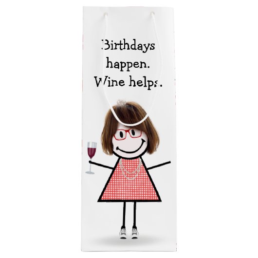 Sac Cadeau Pour Bouteille Baguette d'anniversaire Figure Girl avec vin rouge (Devant)