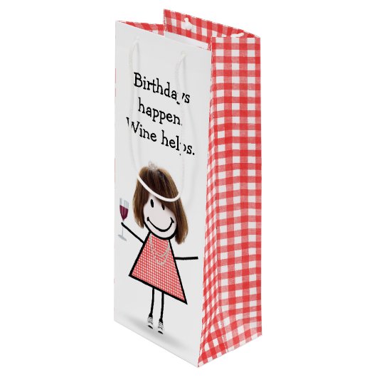 Sac Cadeau Pour Bouteille Baguette d'anniversaire Figure Girl avec vin rouge (Devant Angle)