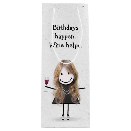 Sac Cadeau Pour Bouteille Baguette d'anniversaire Figure Girl avec vin rouge (Devant)