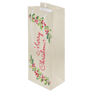Sac Cadeau Pour Bouteille Baies et feuilles à l'aquarelle pour les Fêtes de