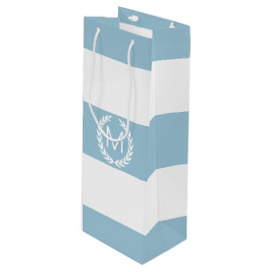 Sac Cadeau Pour Bouteille Bleu clair et large bande blanche avec Monogramme
