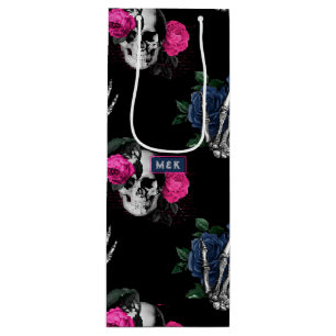 Sac Cadeau Pour Bouteille Bleu marine et crânes floraux roses Mariage gothiq