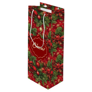 Sac Cadeau Pour Bouteille Bouges d'épinette et boules de Noël Vert rouge