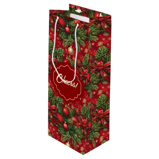 Sac Cadeau Pour Bouteille Bouges d'épinette et boules de Noël Vert rouge (Devant Angle)