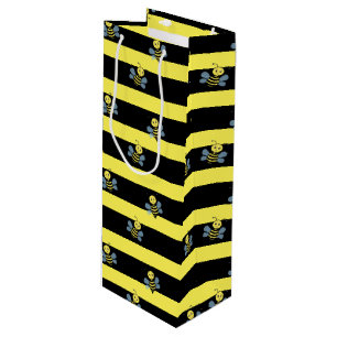 Sac Cadeau Pour Bouteille Bourdons sur fond rayé noir jaune