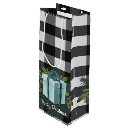 Sac Cadeau Pour Bouteille Cadeau de Noël Plaid Buffalo | TURQUOISE (Devant Angle)