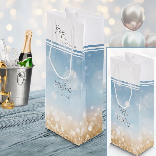 Sac Cadeau Pour Bouteille Champagne d'anniversaire bleu clair or mousseux