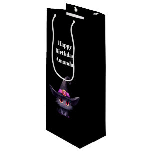 Sac Cadeau Pour Bouteille Chat noir mignon portant une sorcière Casquette An