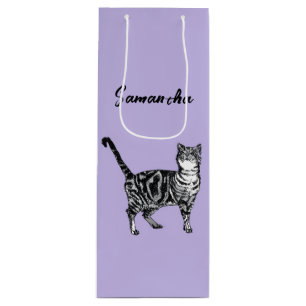 Sac Cadeau Pour Bouteille Chatte tigrée noire et blanche Nom Violet