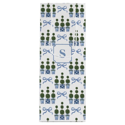 Sac Cadeau Pour Bouteille Chinoiserie Arbre Topiaire Bow Bleu (Devant)