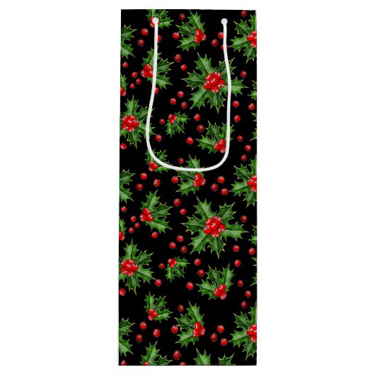 Sac Cadeau Pour Bouteille Classic Holiday Green Holly Red Berries Motif (Devant)