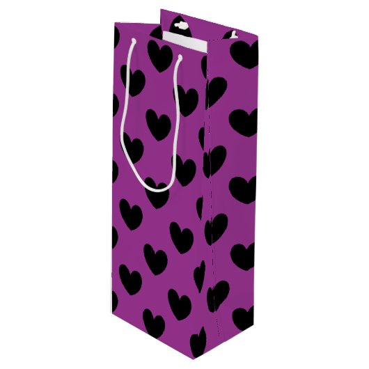 Sac Cadeau Pour Bouteille Coeurs de polka noir sur violet (Devant Angle)
