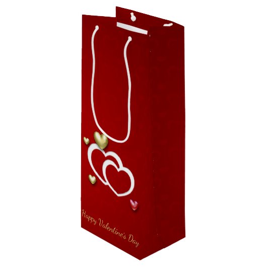 Sac Cadeau Pour Bouteille Coeurs Valentin Rouge Or Moderne (Devant Angle)