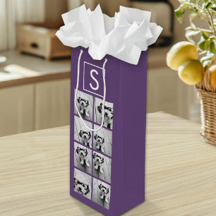 Sac Cadeau Pour Bouteille Collage de photos Aubergine et Blanc Monogramme pe