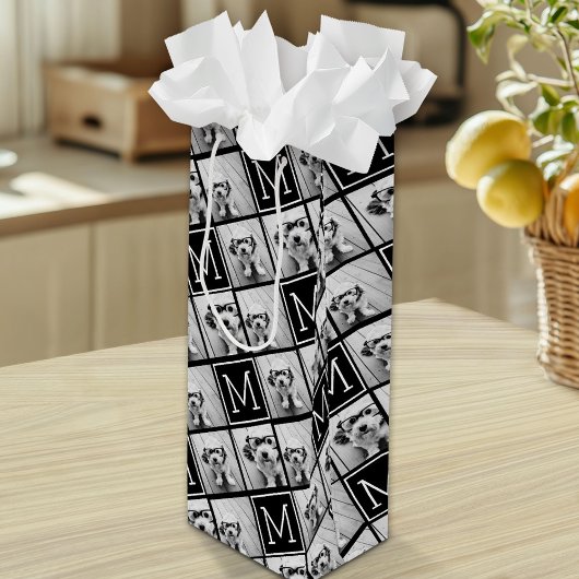 Sac Cadeau Pour Bouteille Collage photo tendance noir et blanc avec Monogram