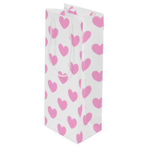 Sac Cadeau Pour Bouteille Coton Candy Pink coeurs sur blanc