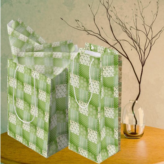 Sac Cadeau Pour Bouteille Coup d'oeil Rétro Vert Jaune Ecru Patchwork