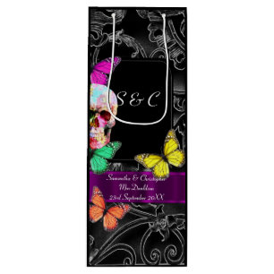 Sac Cadeau Pour Bouteille Crâne gothique et mariage personnalisé noir
