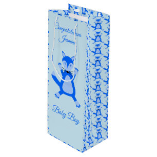Sac Cadeau Pour Bouteille Cute Blue Baby Boy Fox Custom Félicitations